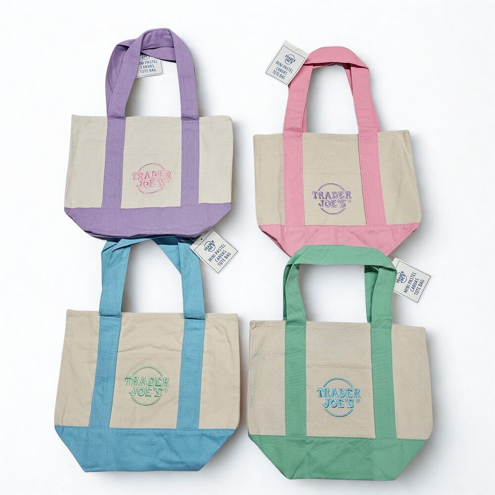 Trader Joe’s Mini Pastel Canvas Tote Bag Set of 4 Pink Blue Green Lavender NEW